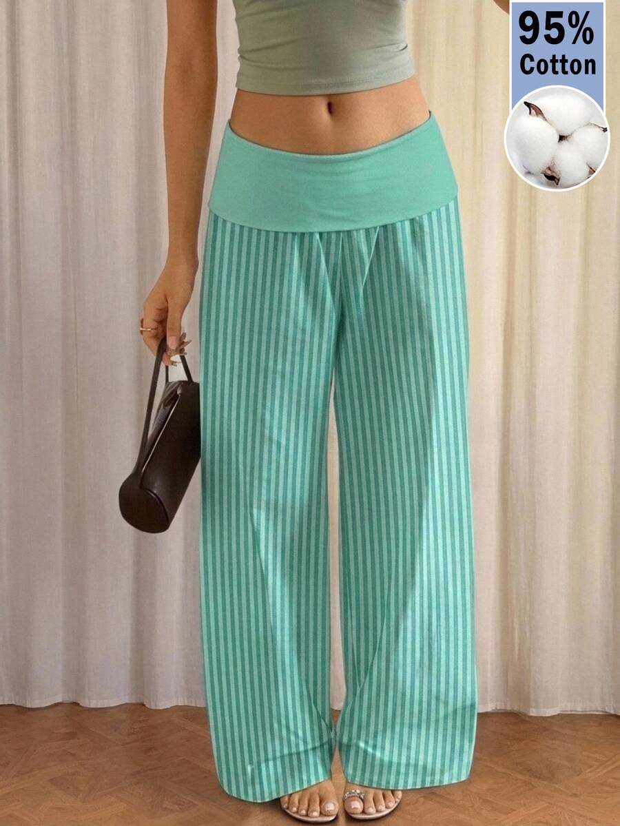 Comfortcana Ladies' Flared Waist And Contrasting Mint Green Striped Loose Pants, Casual And Fashionable Outfit Sleeping Sleepwear Fall - Mint Green - View 1