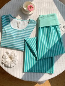 Comfortcana Ladies' Flared Waist And Contrasting Mint Green Striped Loose Pants, Casual And Fashionable Outfit Sleeping Sleepwear Fall - Mint Green - View 6