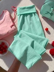 Comfortcana Ladies' Flared Waist And Contrasting Mint Green Striped Loose Pants, Casual And Fashionable Outfit Sleeping Sleepwear Fall - Mint Green - View 8