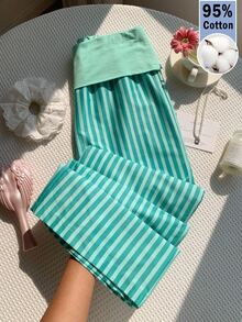 Comfortcana Ladies' Flared Waist And Contrasting Mint Green Striped Loose Pants, Casual And Fashionable Outfit Sleeping Sleepwear Fall - Mint Green - View 9