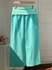 Comfortcana Ladies' Flared Waist And Contrasting Mint Green Striped Loose Pants, Casual And Fashionable Outfit Sleeping Sleepwear Fall - Mint Green - View 2