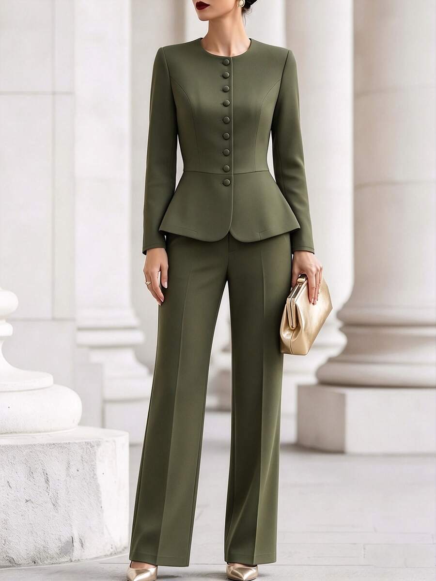 RosyDaze Women's Fashion Round Neck Single-Breasted Waist-Cinching Ruffle Hem Blazer Suit Set, Long Sleeve Top + Straight Leg Wide Leg Trousers 2 Pieces Set, Office Commute Business Interview, Professional Mature Style Spring Autumn Formal Wear - Green - View 1