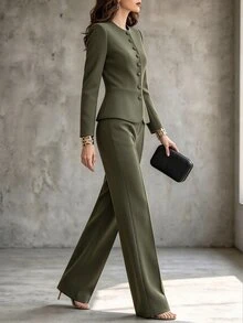 RosyDaze Women's Fashion Round Neck Single-Breasted Waist-Cinching Ruffle Hem Blazer Suit Set, Long Sleeve Top + Straight Leg Wide Leg Trousers 2 Pieces Set, Office Commute Business Interview, Professional Mature Style Spring Autumn Formal Wear - Green - View 5
