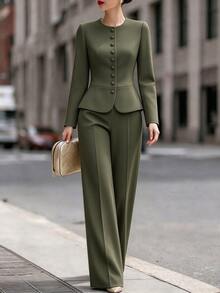 RosyDaze Women's Fashion Round Neck Single-Breasted Waist-Cinching Ruffle Hem Blazer Suit Set, Long Sleeve Top + Straight Leg Wide Leg Trousers 2 Pieces Set, Office Commute Business Interview, Professional Mature Style Spring Autumn Formal Wear - Green - View 6