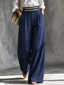 Trelyra Fall Winter Napoleon Style High Waist Wide Leg Pants, Gold Trim Button Decor Elegant Trousers Party Banquet CountryChic Pleated Dress Pants For Offic - Navy Blue - View 1