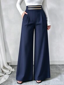 Trelyra Fall Winter Napoleon Style High Waist Wide Leg Pants, Gold Trim Button Decor Elegant Trousers Party Banquet CountryChic Pleated Dress Pants For Offic - Navy Blue - View 3