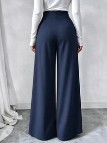 Trelyra Fall Winter Napoleon Style High Waist Wide Leg Pants, Gold Trim Button Decor Elegant Trousers Party Banquet CountryChic Pleated Dress Pants For Offic - Navy Blue - View 2