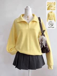 SHEIN قطعة واحدة سويت شيرت فضفاضة بياقة نصف سحاب وياقة عريضة وأكمام طويلة وأكتاف منسدلة من خليط القطن بلون موحد للفتيات المراهقات بأسلوب بريبي، للعودة إلى المدرسة وفصلي الخريف والشتاء، مقاس كبير - أصفر - مشاهدة 8