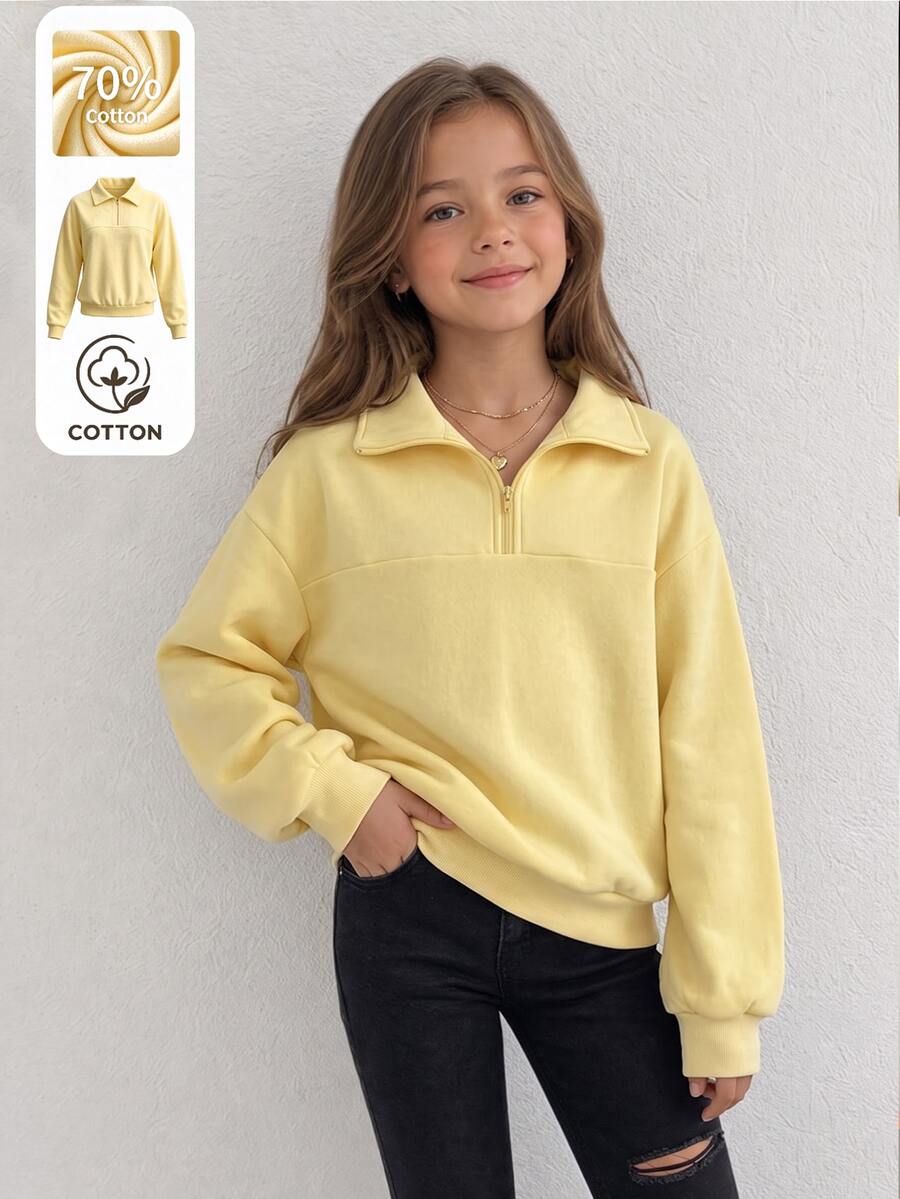 SHEIN قطعة واحدة سويت شيرت فضفاضة بياقة نصف سحاب وياقة عريضة وأكمام طويلة وأكتاف منسدلة من خليط القطن بلون موحد للفتيات المراهقات بأسلوب بريبي، للعودة إلى المدرسة وفصلي الخريف والشتاء، مقاس كبير