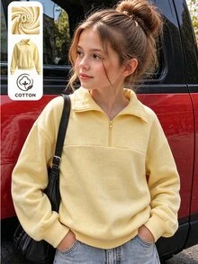 SHEIN قطعة واحدة سويت شيرت فضفاضة بياقة نصف سحاب وياقة عريضة وأكمام طويلة وأكتاف منسدلة من خليط القطن بلون موحد للفتيات المراهقات بأسلوب بريبي، للعودة إلى المدرسة وفصلي الخريف والشتاء، مقاس كبير - أصفر - مشاهدة 7