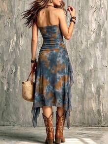 NostaNoir A Retro Western-Style Dress Featuring Distressed Tie-Dye Prints, A Halter Neckline, Pleated Details, And A Form-Fitting Cut, Paired With Patchwork Tul - Black - View 2