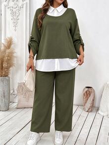 SHEIN EMERY ROSE CURVE 大尺碼女款秋季對比色襯衫長袖褲子兩件套，女式秋季服飾，適合辦公商務，橄欖綠休閒簡約風 - 軍綠色 - 查看 4