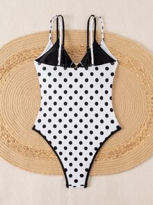 SHEIN Swim Spring/Summer New Women's One-Piece Swimsuit, Black And White Polka Dot Color Block, Fashionable And Sexy, For Beach Party, Vacation, And Dating - Black and White - View 2