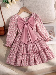 SHEIN Vintaside Kids 女童 1 件粉色碎花洋裝，甜美小碎花，後領 V 領設計，可拆卸粉色大蝴蝶結，百搭 A 字裙，適合戶外秋季出遊、生日派對、秋季、聖誕假期 - 粉色 - 查看 3