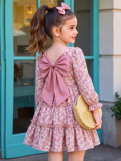 SHEIN Vintaside Kids Young Girl 1pc Pink Floral Dress, Sweet Ditsy Floral, Back V-Neck Design, Detachable Pink Large Bow, Versatile A-Line Skirt, Suitable For Outdoor Autumn Outings, Birthday Parties, Autumn, Christmas Holidays