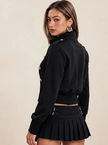 Rina Fox 女款新款夾克，秋季/Y2K學院風街頭復古黑色拉鍊連帽衫，辣妹長袖拿破崙海盜風金屬鈕扣休閒日常上衣 - 黑色 - 查看 3