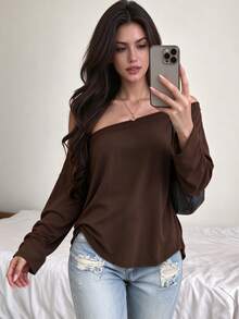 INAWLY Women's Solid Color Asymmetrical Shoulder Casual Everyday Top - Coffee Brown - View 6