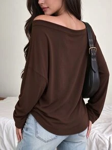 INAWLY Women's Solid Color Asymmetrical Shoulder Casual Everyday Top - Coffee Brown - View 2