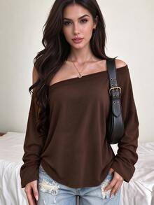 INAWLY Women's Solid Color Asymmetrical Shoulder Casual Everyday Top - Coffee Brown - View 5