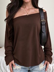 INAWLY Women's Solid Color Asymmetrical Shoulder Casual Everyday Top - Coffee Brown - View 1