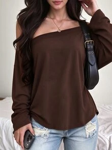 INAWLY Women's Solid Color Asymmetrical Shoulder Casual Everyday Top - Coffee Brown - View 3