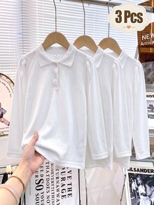 SHEIN 3pcs White Long Sleeve Polo Shirts, Stand Collar Exquisite Buttons, Long Sleeve T-Shirts, Basic Solid Color Slim Fit Tops, Suitable For Back To School Season - White - View 5
