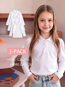 SHEIN 3pcs White Long Sleeve Polo Shirts, Stand Collar Exquisite Buttons, Long Sleeve T-Shirts, Basic Solid Color Slim Fit Tops, Suitable For Back To School Season - White - View 6