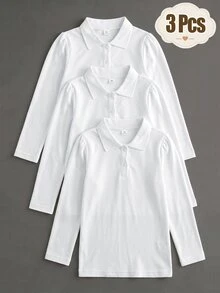 SHEIN 3pcs White Long Sleeve Polo Shirts, Stand Collar Exquisite Buttons, Long Sleeve T-Shirts, Basic Solid Color Slim Fit Tops, Suitable For Back To School Season - White - View 1