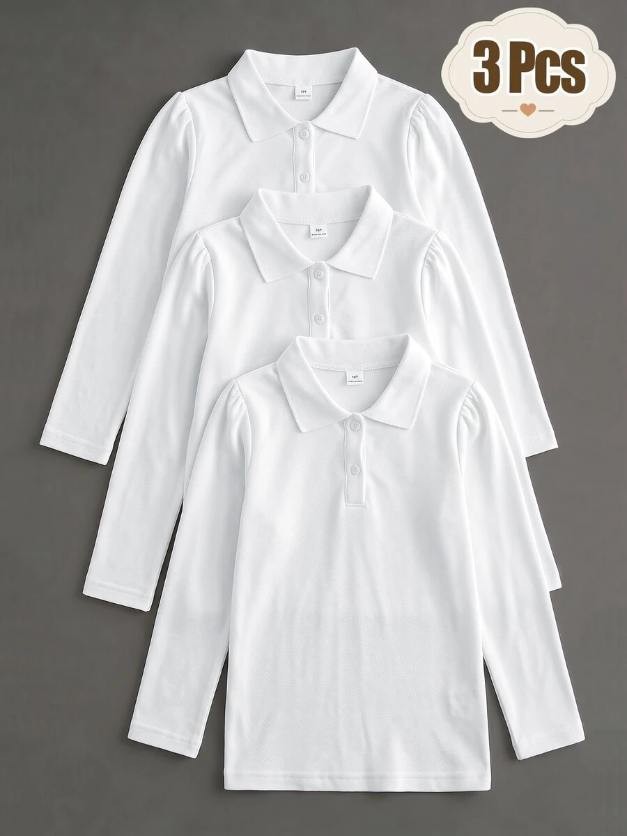 SHEIN 3pcs White Long Sleeve Polo Shirts, Stand Collar Exquisite Buttons, Long Sleeve T-Shirts, Basic Solid Color Slim Fit Tops, Suitable For Back To School Season - White - View 1