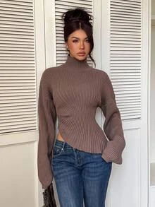 Siren Gaze Women's Ribbed Ruched Waist Asymmetrical Hem Sweater Office Shades Of Brown Fall Casual - Brown - View 5