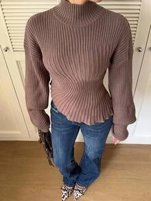 Siren Gaze Women's Ribbed Ruched Waist Asymmetrical Hem Sweater Office Shades Of Brown Fall Casual - Brown - View 3