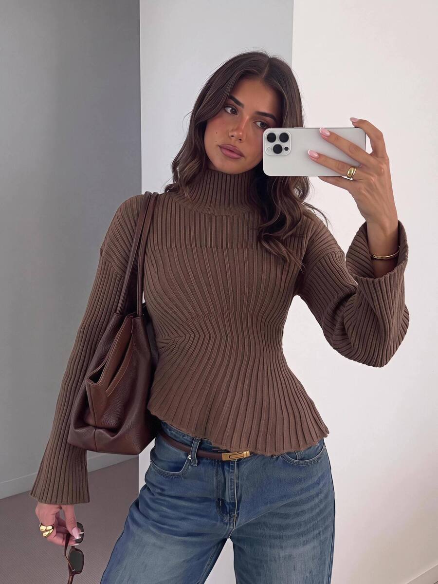 Siren Gaze Women's Ribbed Ruched Waist Asymmetrical Hem Sweater Office Shades Of Brown Fall Casual - Brown - View 1