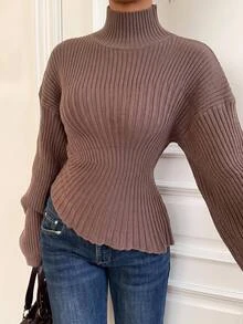 Siren Gaze Women's Ribbed Ruched Waist Asymmetrical Hem Sweater Office Shades Of Brown Fall Casual - Brown - View 6