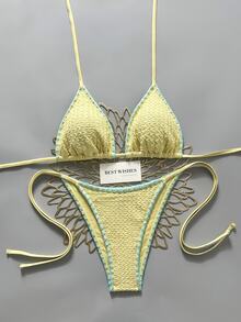 SHEIN Swim 2026春夏华丽氛围温泉泳装，女士性感挂脖系带比基尼，黄色可爱分体泳衣，适合海滩度假和拍照 - 彩色 - 查看 3