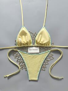 SHEIN Swim 2026春夏华丽氛围温泉泳装，女士性感挂脖系带比基尼，黄色可爱分体泳衣，适合海滩度假和拍照 - 彩色 - 查看 2