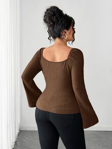 Elenzga Plus Size Brown Lace Patchwork Ribbon Tie Waist V-Neck Women's Blouse Brunch Morning Fall Elegant Romantic Date Night Party - Brown - View 2
