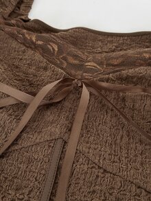 Elenzga Plus Size Brown Lace Patchwork Ribbon Tie Waist V-Neck Women's Blouse Brunch Morning Fall Elegant Romantic Date Night Party - Brown - View 7