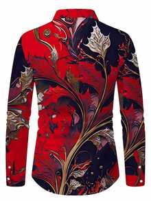 Calvornis Men's Retro Floral Patterns Print Long Sleeve Shirt For Spring And Fall, Casual Comfy Shirt As Gift, Formal, Old Money - Red - View 2