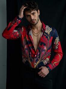 Calvornis Men's Retro Floral Patterns Print Long Sleeve Shirt For Spring And Fall, Casual Comfy Shirt As Gift, Formal, Old Money - Red - View 1