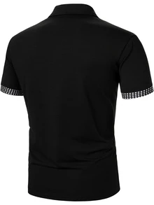 Manfinity AFTRDRK 男士休閒菱格拼接短袖 Polo 衫，夏季黑白拉鍊開襟高爾夫 Polo 衫，正式、儀式感 - 黑色 - 查看 2