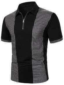 Manfinity AFTRDRK 男士休閒菱格拼接短袖 Polo 衫，夏季黑白拉鍊開襟高爾夫 Polo 衫，正式、儀式感 - 黑色 - 查看 3