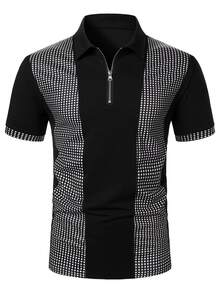 Manfinity AFTRDRK 男士休閒菱格拼接短袖 Polo 衫，夏季黑白拉鍊開襟高爾夫 Polo 衫，正式、儀式感 - 黑色 - 查看 5
