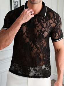 Manfinity AFTRDRK 男士短袖纹理面料Polo衫，适合外出、聚会和派对穿着 - 黑色 - 查看 4
