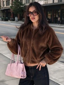 Avenya Streetwear Casual Ribbed Stand Collar Plush Texture Warm Flight Jacket Holiday Everyday Traveling Coffee Brown Striped Winter Thanksgiving Going Out - Brown - View 1