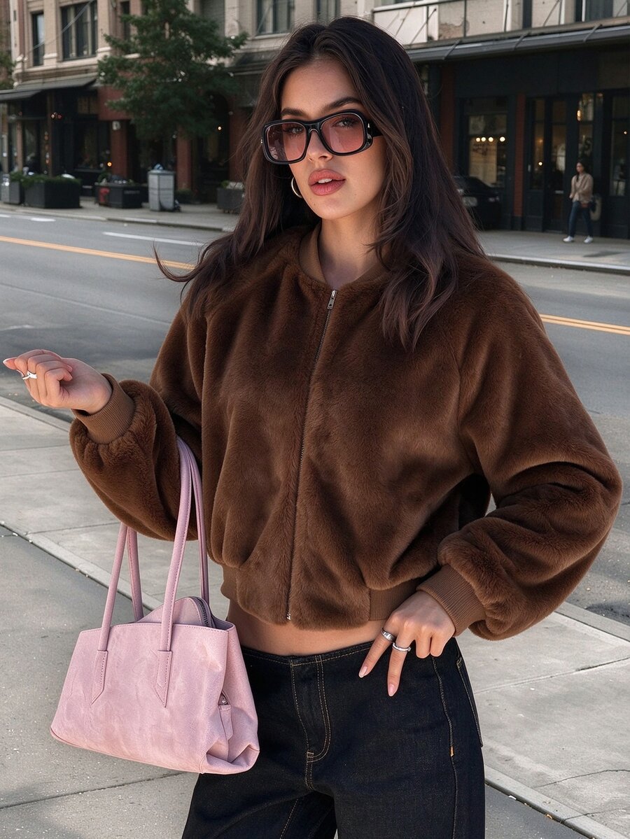 Avenya Streetwear Casual Ribbed Stand Collar Plush Texture Warm Flight Jacket Holiday Everyday Traveling Coffee Brown Striped Winter Thanksgiving Going Out - Brown - View 1