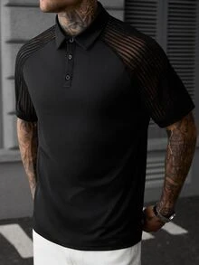 Manfinity AFTRDRK 男士極簡風半開襟鈕扣蕾絲拼接透視短袖 Polo 衫 - 黑色 - 查看 3