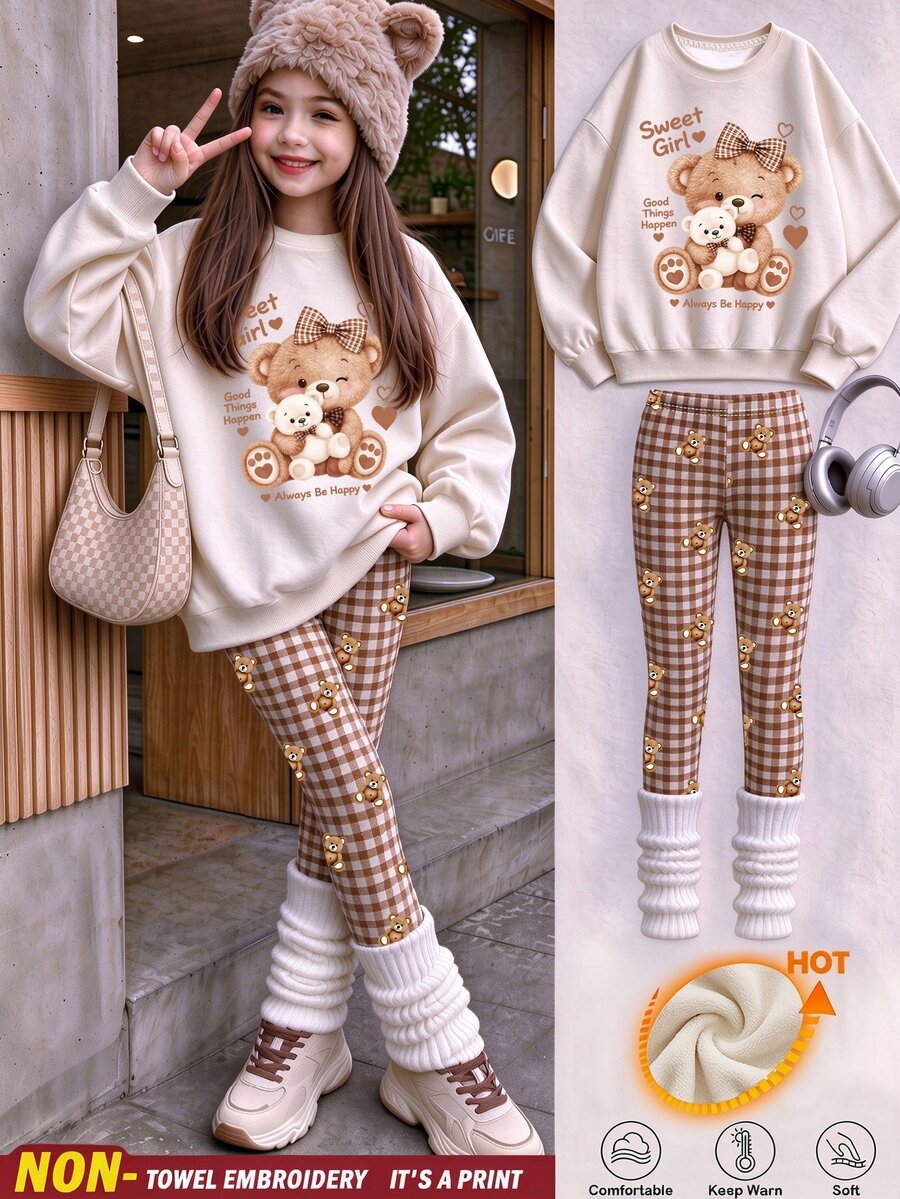 Tween Girls Bear Print Crew Neck Sweatshirt Set, Personalized Plaid Print Set, Personalized Sweatshirt, Suitable For Autumn/Winter, Daily Outings, Casual Wear, Vibrant Outfit, Leisure Travel, Basic Style, Comfortable And Easy To Wear, Daily Casual - Multicolor - View 1