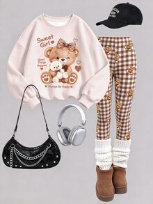 Tween Girls Bear Print Crew Neck Sweatshirt Set, Personalized Plaid Print Set, Personalized Sweatshirt, Suitable For Autumn/Winter, Daily Outings, Casual Wear, Vibrant Outfit, Leisure Travel, Basic Style, Comfortable And Easy To Wear, Daily Casual - Multicolor - View 4