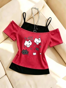 SHEIN (1 Pc) Tween Girls Cute Rabbit Cat Animal Graphic Letter Print Cold Shoulder Short Sleeve T-Shirt, Summer Casual Top School Red And Black - Multicolor - View 1