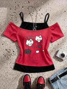 SHEIN (1 Pc) Tween Girls Cute Rabbit Cat Animal Graphic Letter Print Cold Shoulder Short Sleeve T-Shirt, Summer Casual Top School Red And Black - Multicolor - View 4